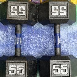 PAIR  OF  55 LB.  STEEL  HEX  DUMBBELLS 
  •  Also Have. RUBBER DUMBBELLS  =  60s  50s 45s  40s 35s  30s 25s  20s  15s 10s  &  SQUAT RACKS WALL BALLS 