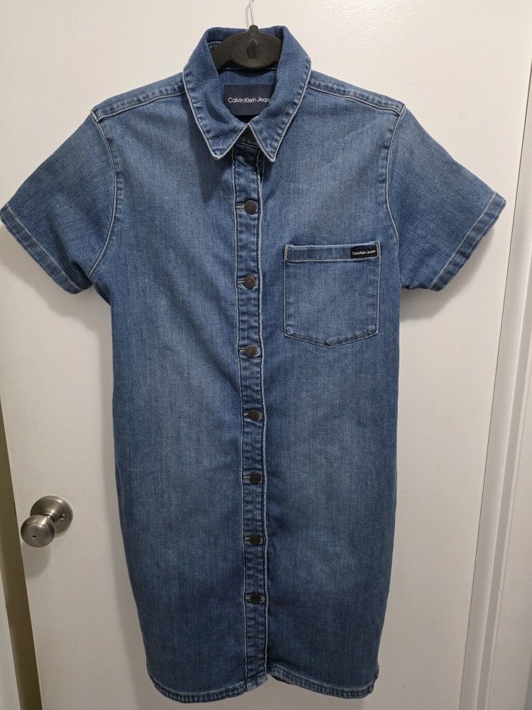 Calvin Klein Blue Denim Jeans Button Down Cap Sleeve Size Large