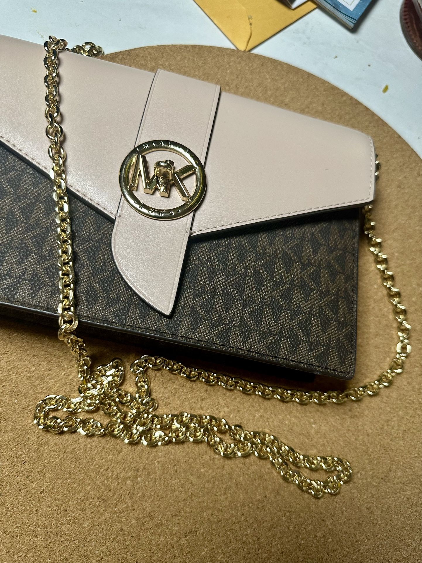 Michael Kors Crossbody Brown Logo and Pink, Gold Chain