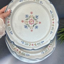 Heritage Floral Dinner Plate Set with Blue and Pink Accents. 37 items.