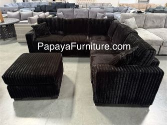 New! Black Corduroy Sectional Couch, Sectional And Ottoman, Plush Sectional, Think Corduroy Sectional And Ottoman, Sofa, Couch, Ottoman, Black Sofa