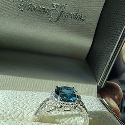Blue Topaz & White Sapphire Ring, 14K White Gold Size 8