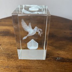Glass prism paperweight with State of Israel emblem and Dove of Peace. 