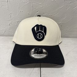 MLB New Era Milwaukee Brewers Off-White Navy Blue 9forty A Frame SnapBack Hats 