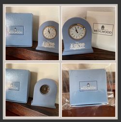 Vintage Wedgwood Mini Blue Jasperware Mantle Desk Clock 3.5" Cherub Relief
