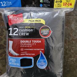 Hanes Mens Black Big & Tall Cushioned Crew Size 12-14 