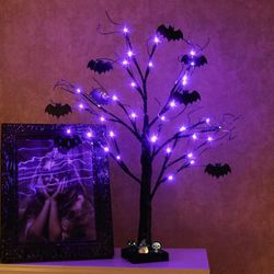 Vanthylit 2FT 24LED Black Spooky Tree Glittered with Purple Lights and Bat Decorations Battery Powered Tabletop Bonsai Tree Decoration for Halloween
