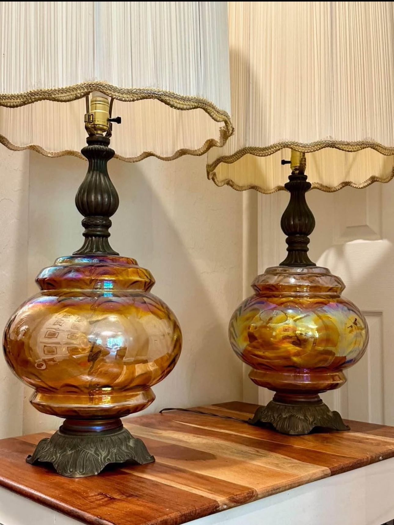 Vintage MCM Amber & Brass Lamps ( Pair)