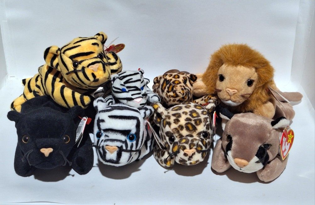 8 WILD Cats: Ty Beanie Babies & Teenies;Lion, Tigers, Leopards, Panther & Cougar