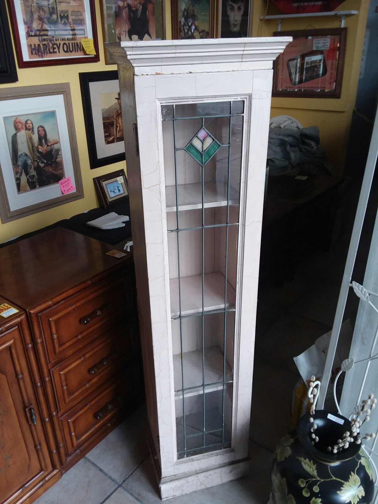 Antique display case with stained glass door, came out of a Italian ice / pizza store on Taylor street Chicago ! Its AWESOME! 14x11x56tal..