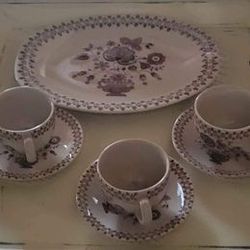 Johnson Brothers Jamestown Brown Platter And Three Cups And Saucers 