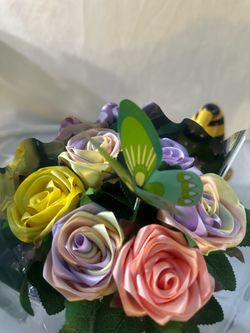 Half‑Dozen Handmade Ribbon Rose Bouquet – Pastel Peach, Lavender & Yellow