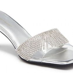 *NIB* Melrose and Market Silver Metallic Myla Fringe Slip On Sandals Heels Sz. 6