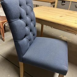Wood Table Desk and Tufted Blue Chair
