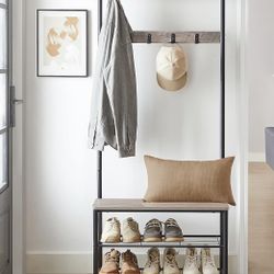 Coat Rack, Hall Tree with Shoe Storage Bench, Entryway Bench with Shoe Storage, 3-in-1, Steel Frame, for Entryway, 12.6 x 27.6 x 68.9 Inches, Industri