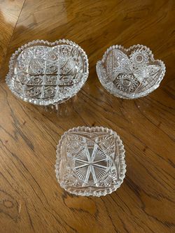 Set of 3 Antique Cut Glass Bowls – American Brilliant Style – Sawtooth Rims – Heavy Crystal