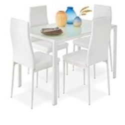 White Table w Glass Top + 4 White Upholstered Chairs