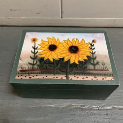 Hand Painted Sunflower Wood Box Vintage Jewelry Catchall Trinkets Organize Art