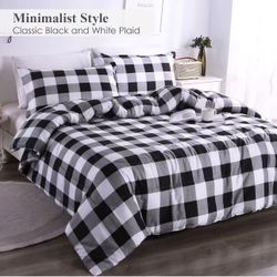 Andency Black Grey White Plaid Comforter Set Full Size (79x90 Inch), 3 Pieces (1 Gingham Comforter and 2 Pillowcases), Summer Lightweight Microfiber B