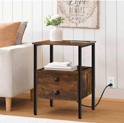 End Table with Charging Station, Bedside Table with 2 Drawer & USB Port & Type-C Port, Nightstand fo