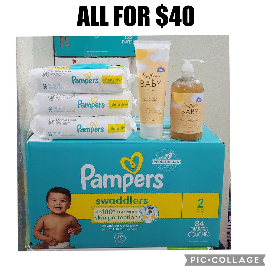PAMPERS SIZE 2   3 PACKS OF WIPES  SHEA MOISTURE  SHAMPOO & WASH AND BODY LOTION 