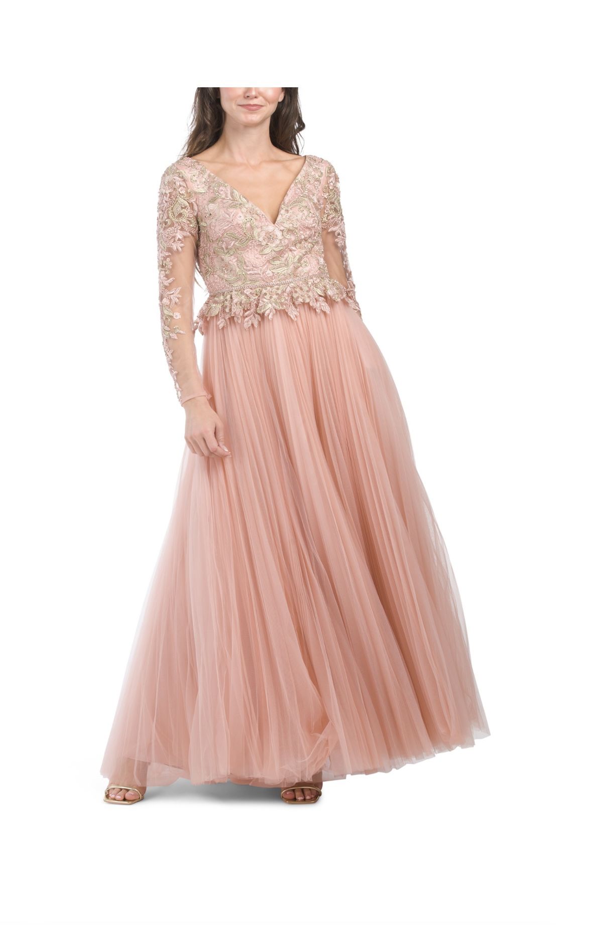 MAC DUGGAL Lace Illusion Long Sleeve Gown With Tulle Skirt