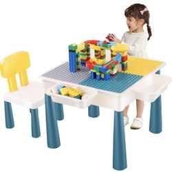 7 in 1 Multi Toddler Activity Table Set with storage and Chair-Compatible with Large Blocks, Water Table, Sand Table and Learning Table for Ages 2 Up