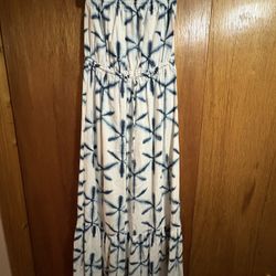 Loft Blue And White Starburst Tie Dye Strapless Maxi Dress