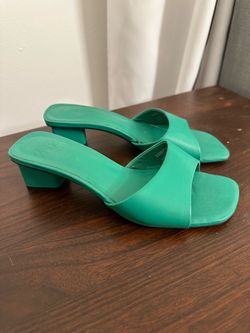ZARA Green Square Toe Block Heel Sandals