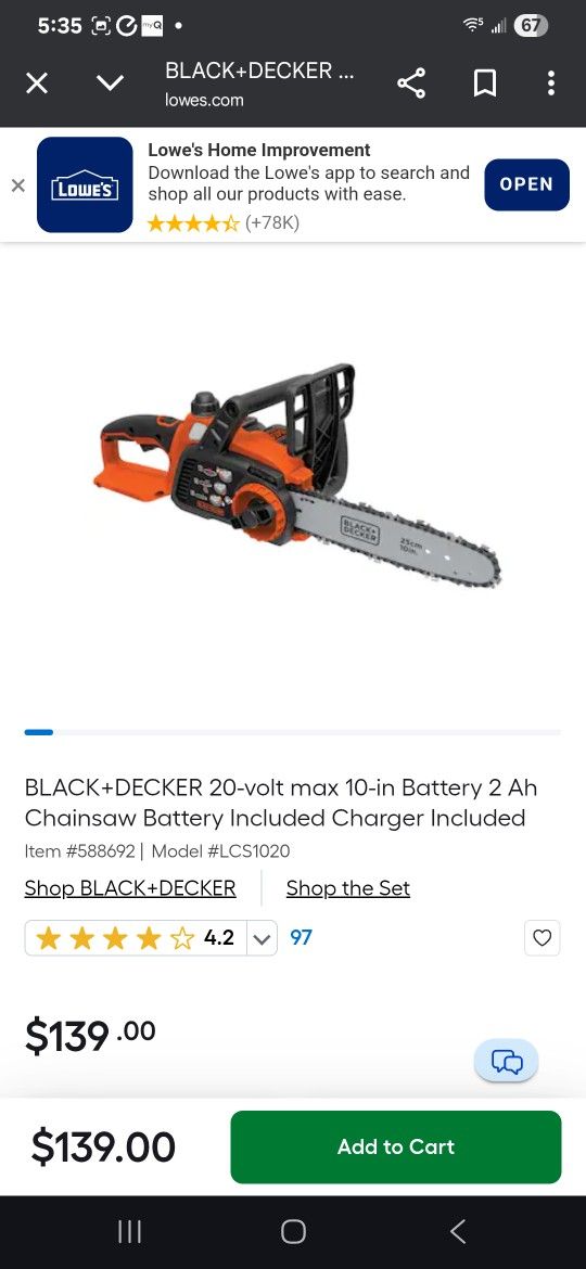 BLACK+DECKER 20-volt max 10-in Battery Chainsaw Battery Charger newer chain blade