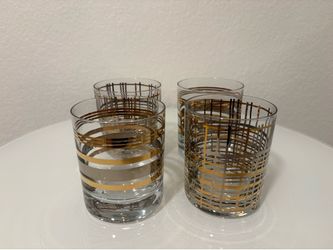 4 Crate  & Barrel Old Fashioned Glasses Gold Plaid