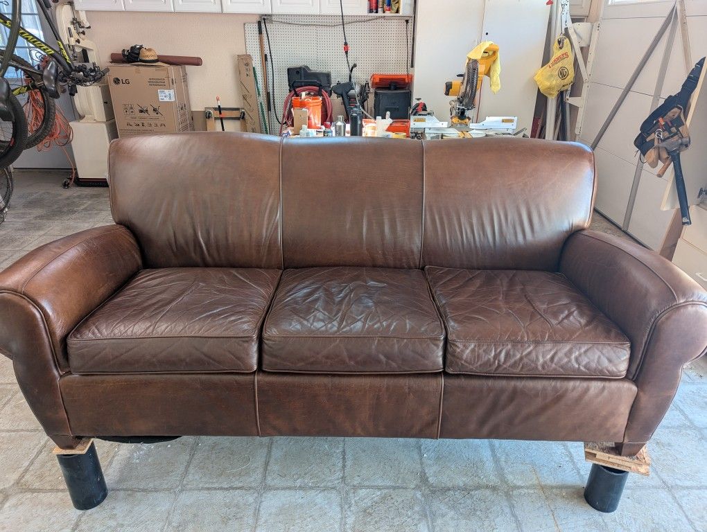 Pottery Barn Round Arm Leather Sofa