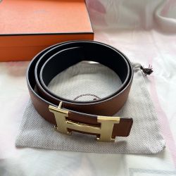 Gold Buckle Brown Leather Belt 