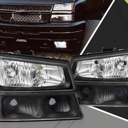 03-06 Chevy Silverado Black Housing Headlights Parking Lights Set