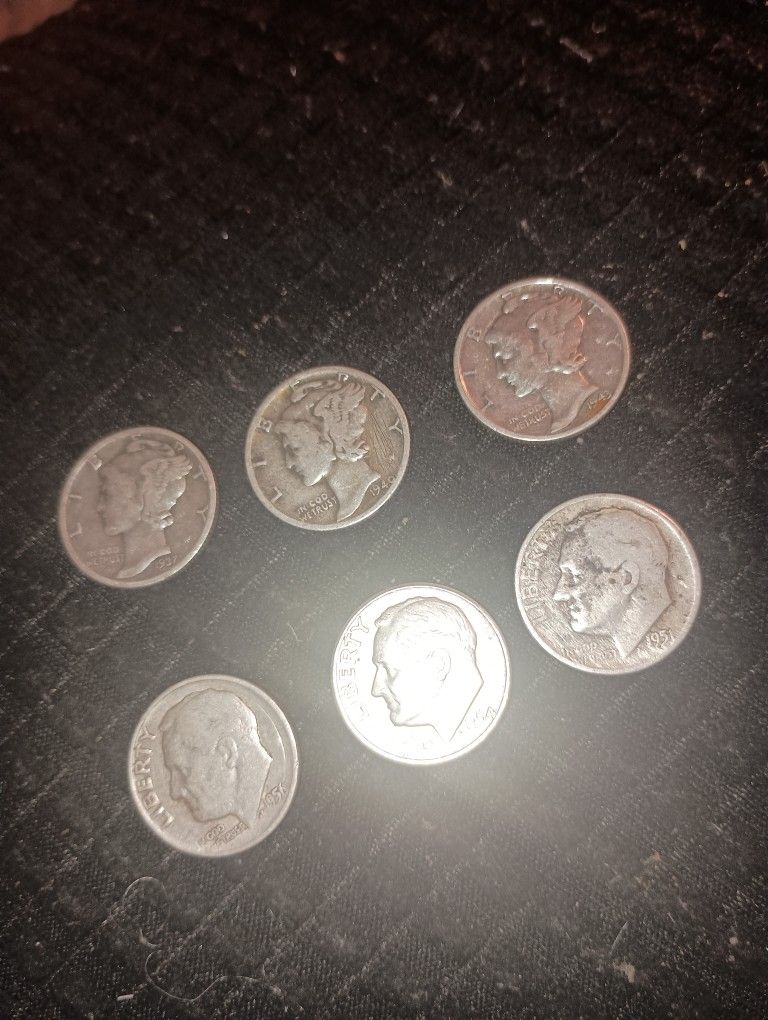 Six Silver Dimes Three Mercury Dimes And Three Regular Dimes All Silver