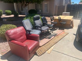 Free red leather recliner, 5 office chairs, 2 sturdy wood bookshelves, office filling cabinet, rugs, etc.