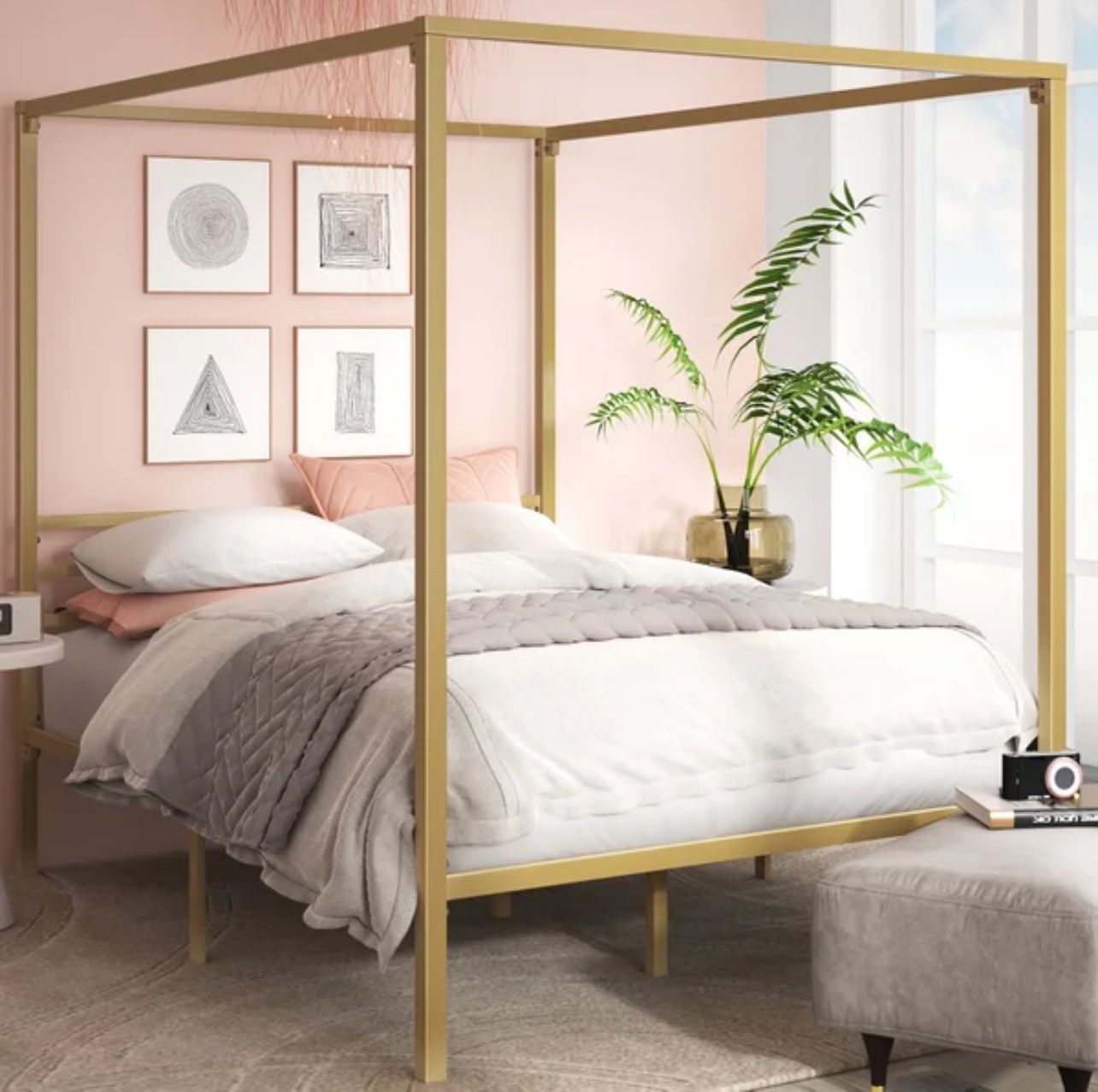 Queen Metal Canopy Bed Frame - Gold