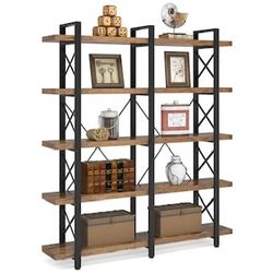 Tribesigns 5-Shelf Industrial Style Bookcase and Book Shelves, Metal and Wooden Free Vintage Bookshelfs, Retro Brown (Engineered wood, Double 5 Tier)
