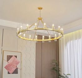 60 Inch Gold Wagon Wheel Chandelier with Glass Shade, 20Lights Large Round Modern Farmhouse Style