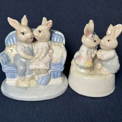 Vintage Set Of 2 Ceramic Figurines Bunny