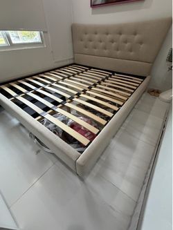 Beige Linen Platform King Bed Frame Modern Upholstered