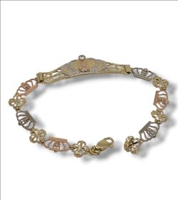 14K Tri Color Gold Virgen De Guadalupe Bracelet 7” Crown Link Quinceañera 7.1g