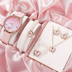 6PCS Set Women Fashion Quartz Watch Female Clock Pink Butterfly Dial Luxury Bran