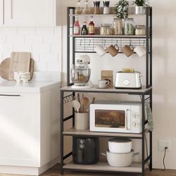 Bakers Rack with Power Outlet, Microwave Stand, Kitchen Tall Utility Storage Shelf, with Metal Wire Panel, 14 Hooks, 15.7 x 31.5 x 66.9 Inches, Heathe