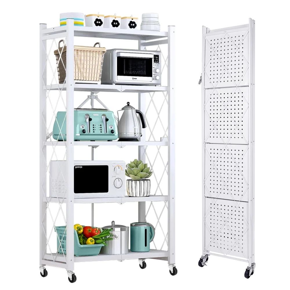 COOKCOK 5-Tier Storage Shelving Unit, Metal Shelf 27.9"x13.4"x62.5, Foldable Storage Shelf with Wheels, Garage Shelf, Metal Storage Rack, Kitchen Shel
