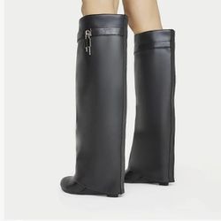 keleimusi Fold Over Wedge Boots Heeled PadLock Pant Knee High Shoes Tall/Short Booties