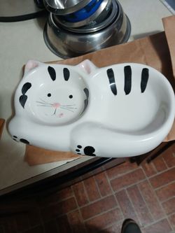 Vintage Ceramic Cat Shaped Double Bowl Dish Water and Food