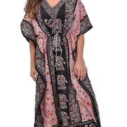  Women Kaftan Night Dress Kimono Caftan Beach Maxi Boho Long Top Tunic Cover Up Elephant Design Casual