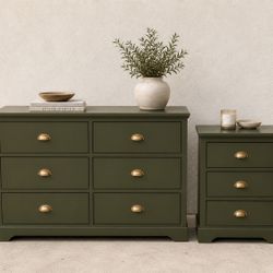 Olive Green Dresser & Nightstand Set – Antique Gold Hardware