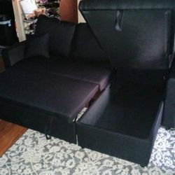 Black Linen Pull Out Sectional Sofa w/storage chaise